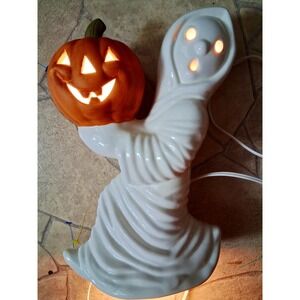 Vintage Ceramic Halloween Ghost Holding Pumpkin Jack-O-Lantern Light Works 12"